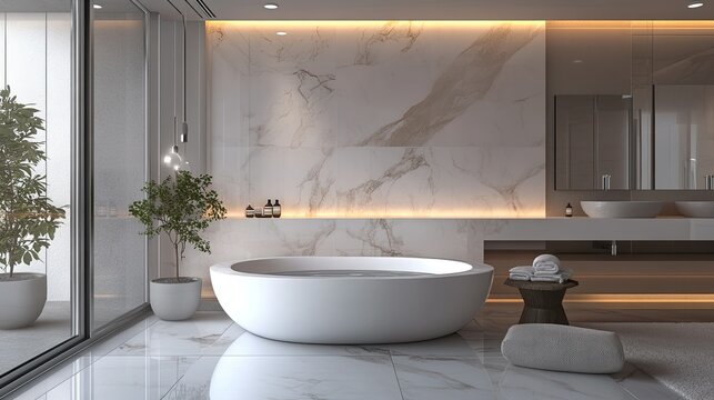 Luxurious modern bathroom with a built-in bathtub, large marble slabs on the walls, underfloor heating, and soft recessed lighting for a relaxing ambiance