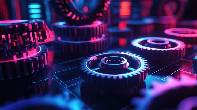 Glowing neon gears turning smoothly in a high-capacity system, set against a dynamic and futuristic background