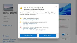 A screenshot of the compatibility checker in Windows showing that the system does not meet the minimum requirements for Windows 11
