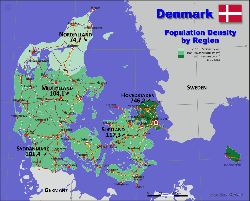 Map Denmark - Administrative division - Population density 2024