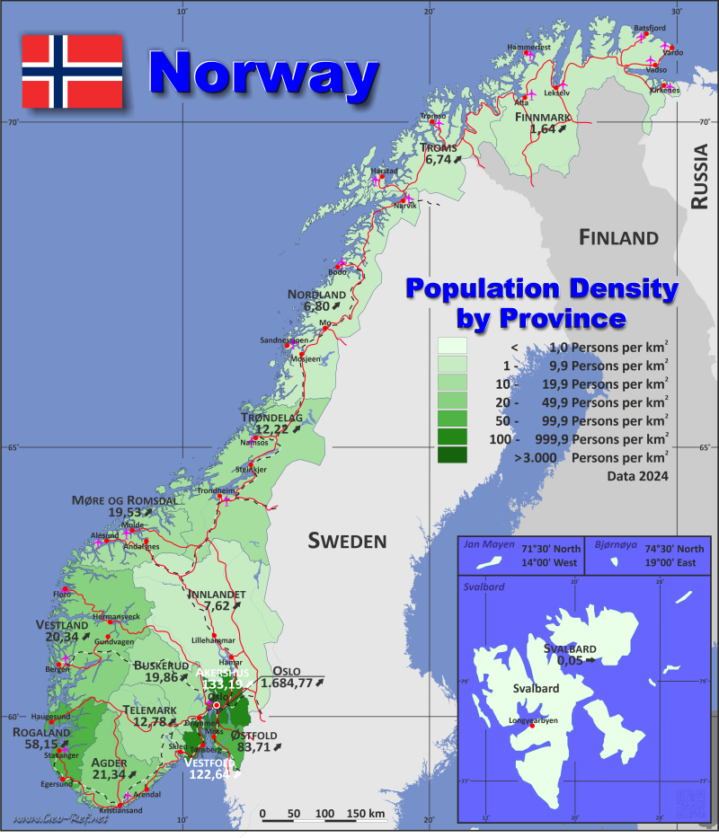 Map Norway - Administrative division - Population density 2024