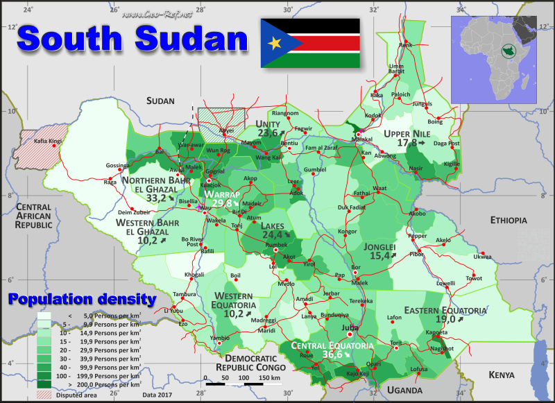 Map South Sudan - Administrative division - Population density 2017