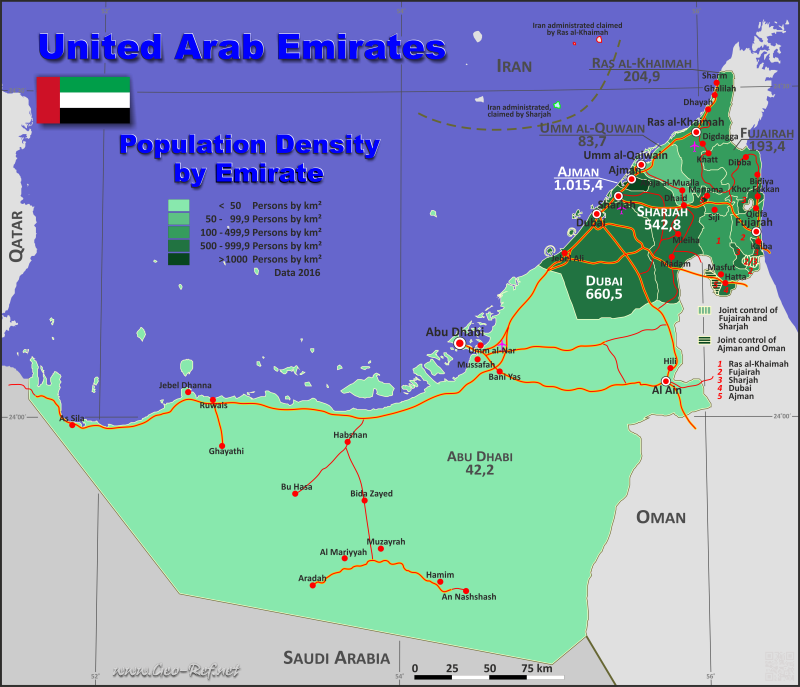 Map United Arab Emirates - Administrative division - Population density 2016