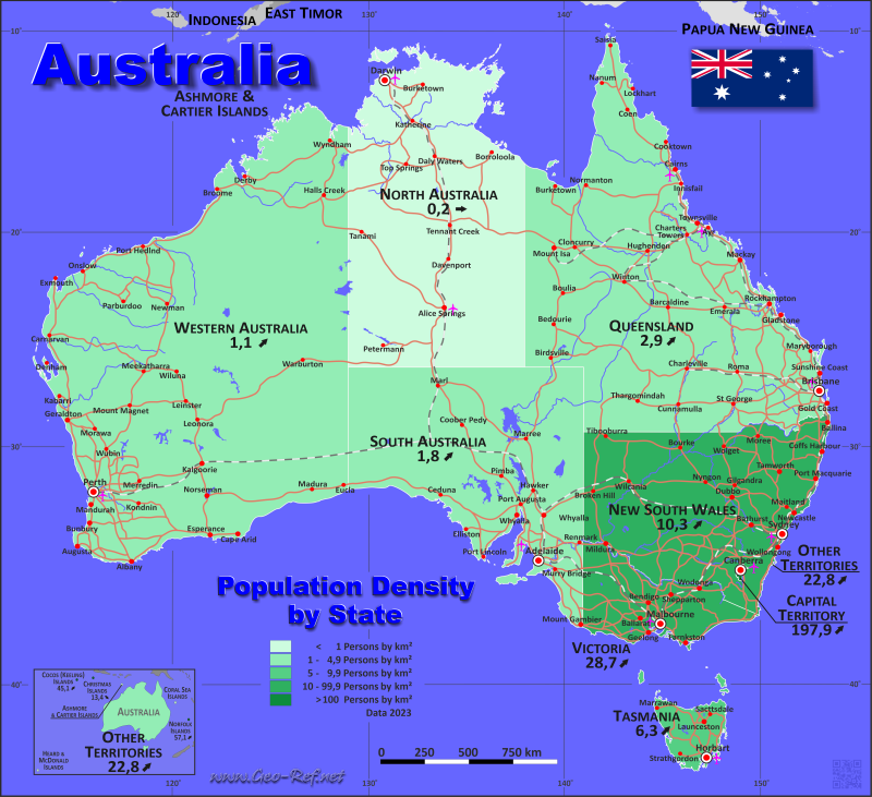 Karte Australien - Verwaltungsstruktur - Bevölkerungsdichte 2023