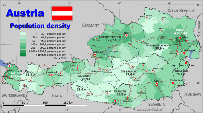 Map Austria - Administrative division - Population density 2024