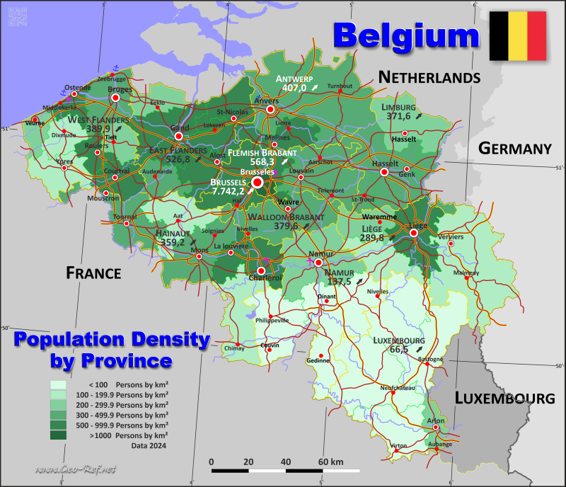 Map Belgium - Administrative division - Population density 2024