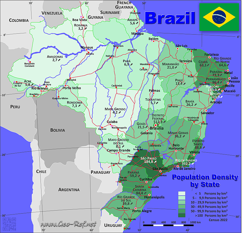 Map Brazil - Administrative division - Population density 2024