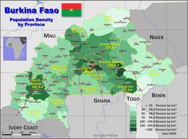 Mapa Burkina Faso División administrativa - Densidad de población 2024