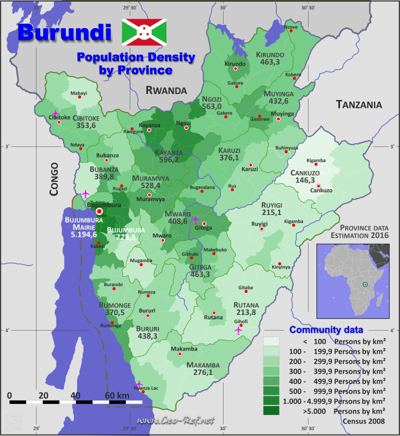 Mapa Burundi División administrativa - Densidad de población 2016