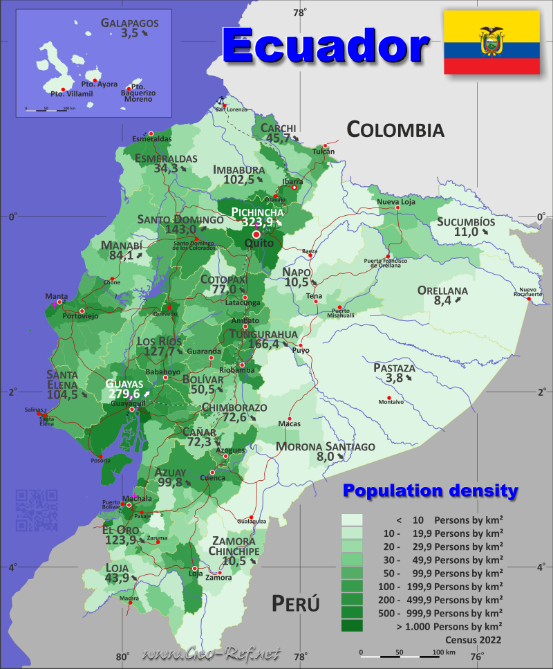 Karte Ecuador - Verwaltungsstruktur - Bevölkerungsdichte 2022