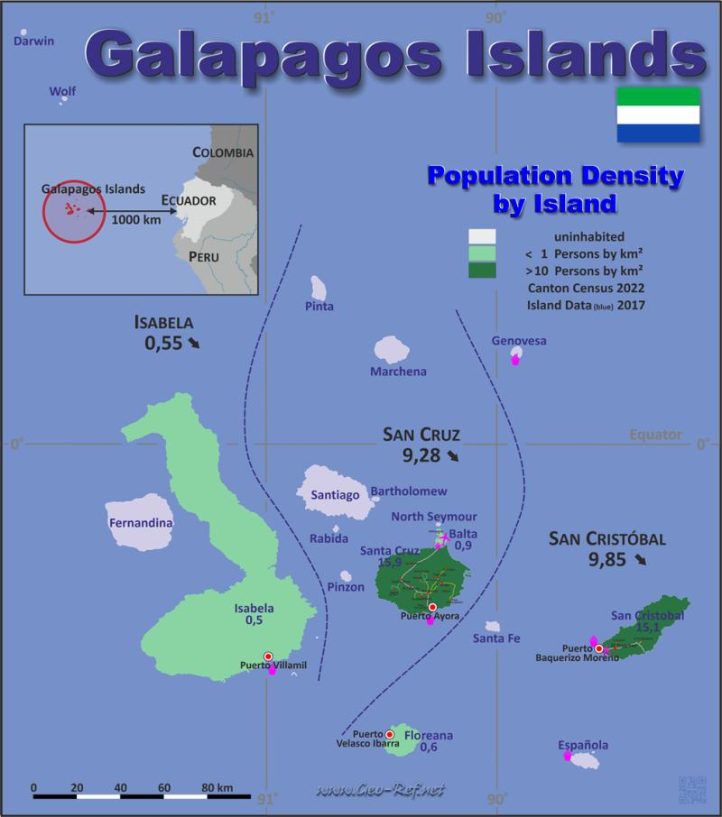 Karte Galapagos Inseln - Verwaltungsstruktur - Bevölkerungsdichte 2022