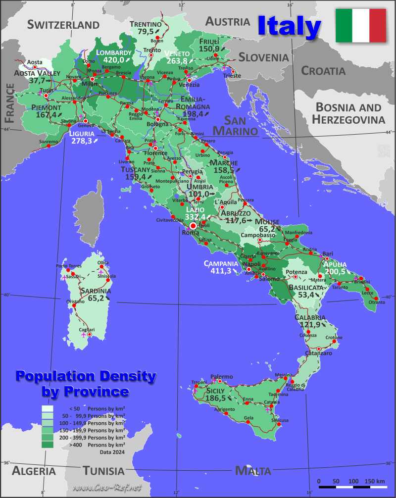 Karte Italien - Verwaltungsstruktur - Bevölkerungsdichte 2024