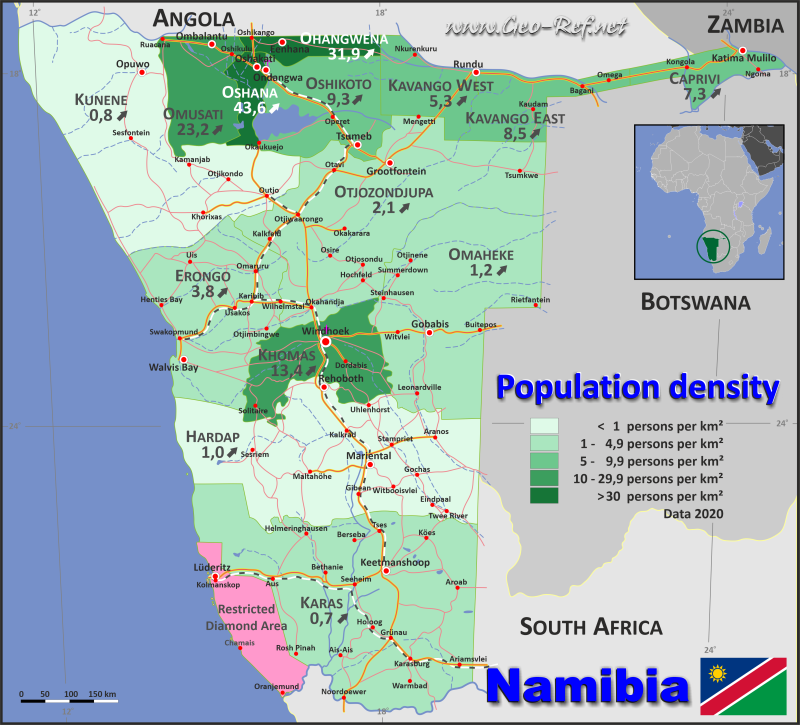 Map Namibia - Administrative division - Population density 2023