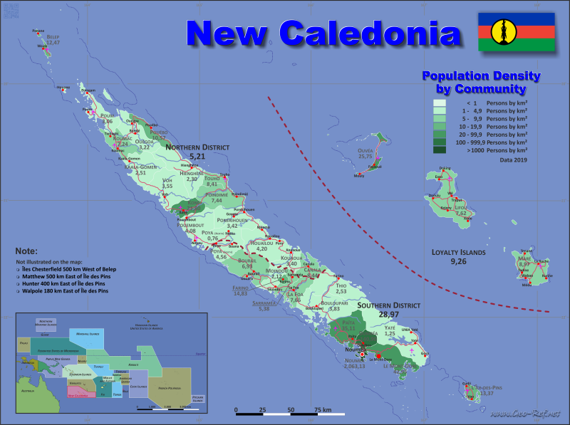 Map New Caledonia - Administrative division - Population density 2019