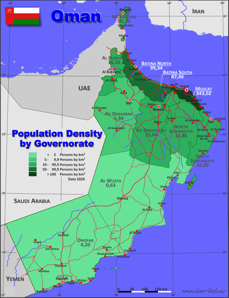 Map Oman - Administrative division - Population density 2020