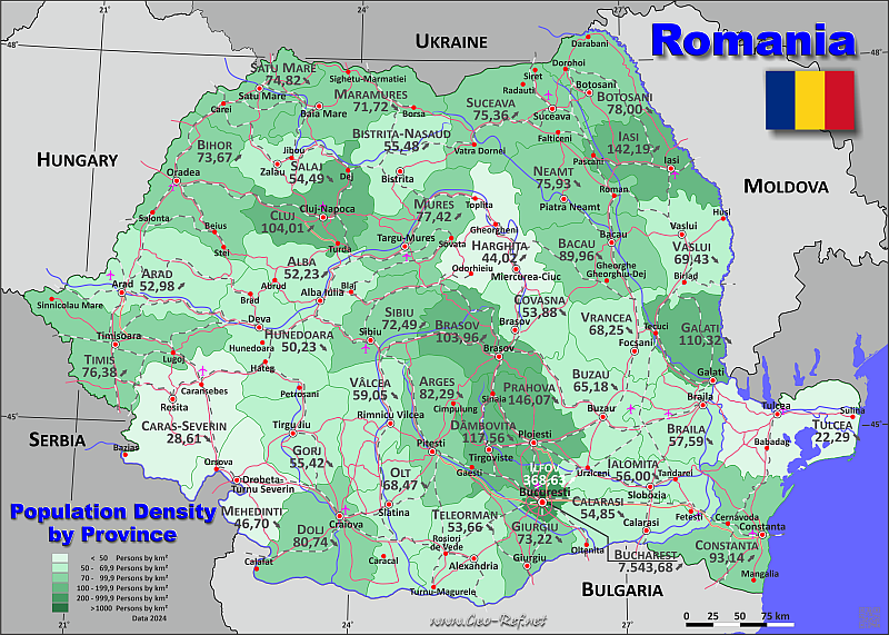 Mapa Rumania División administrativa - Densidad de población 2024