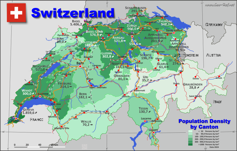 Karte Schweiz - Verwaltungsstruktur - Bevölkerungsdichte 2024