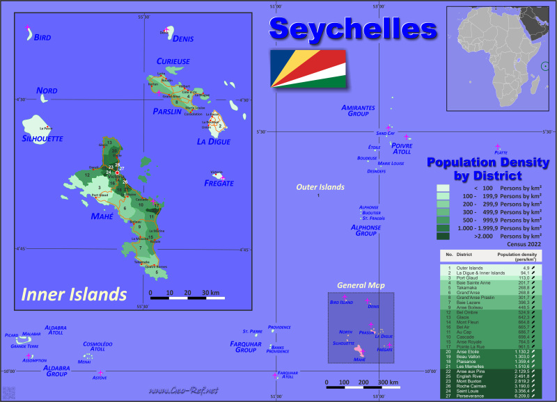 Karte Seychellen - Verwaltungsstruktur - Bevölkerungsdichte 2022