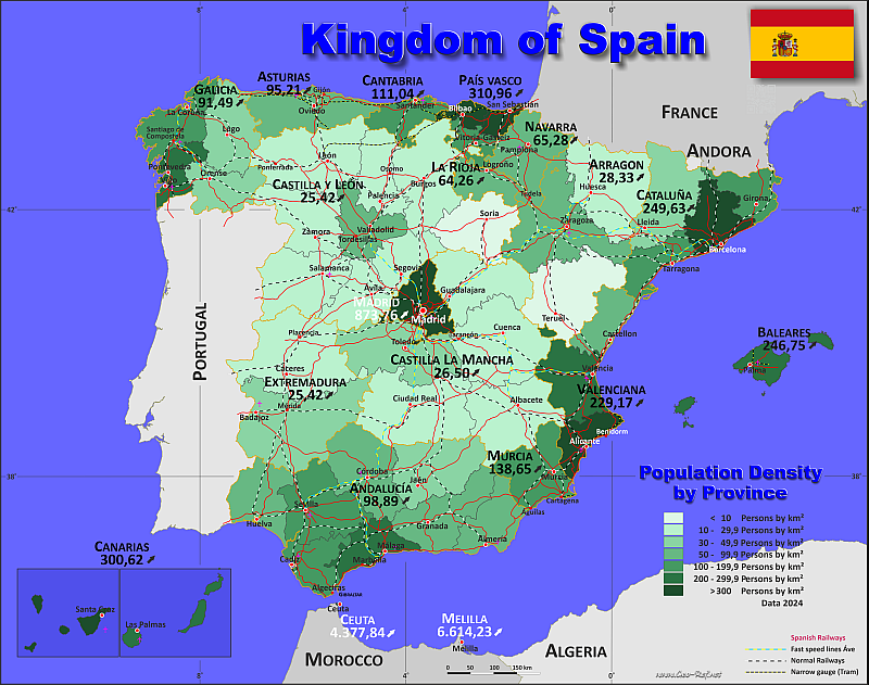 Karte Spanien - Verwaltungsstruktur - Bevölkerungsdichte 2024