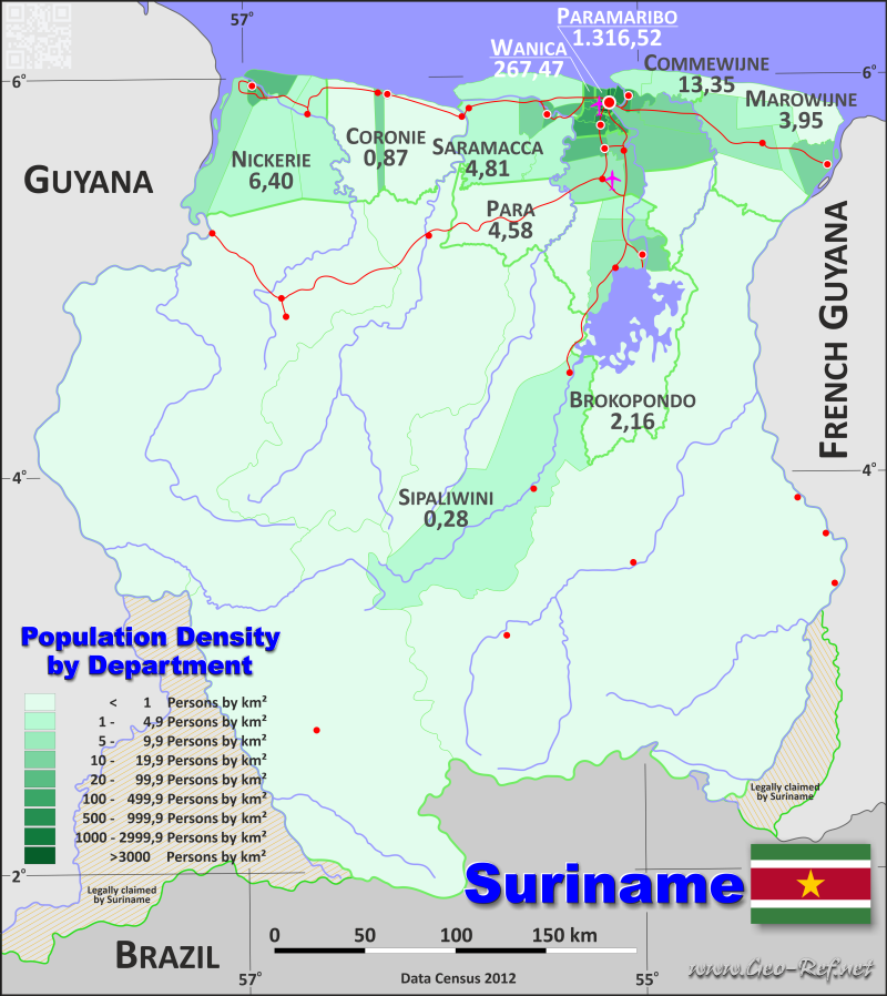 Mapa Surinam División administrativa - Densidad de población 2020