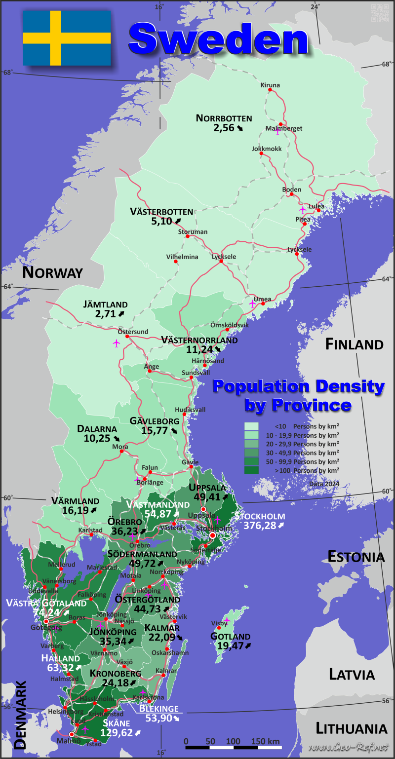 Mapa Suecia División administrativa - Densidad de población 2024