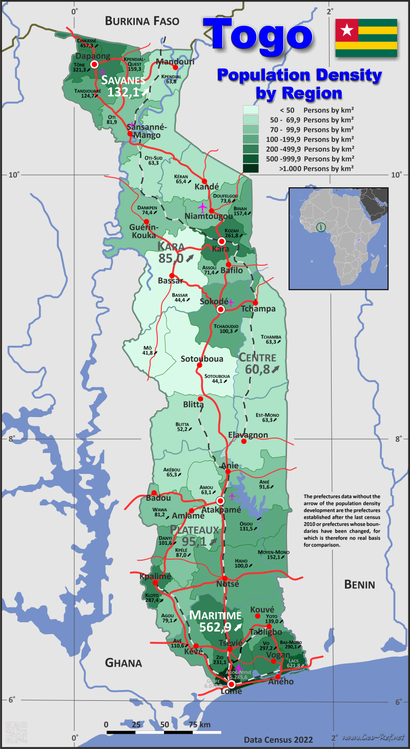 Mapa Togo División administrativa - Densidad de población 2022