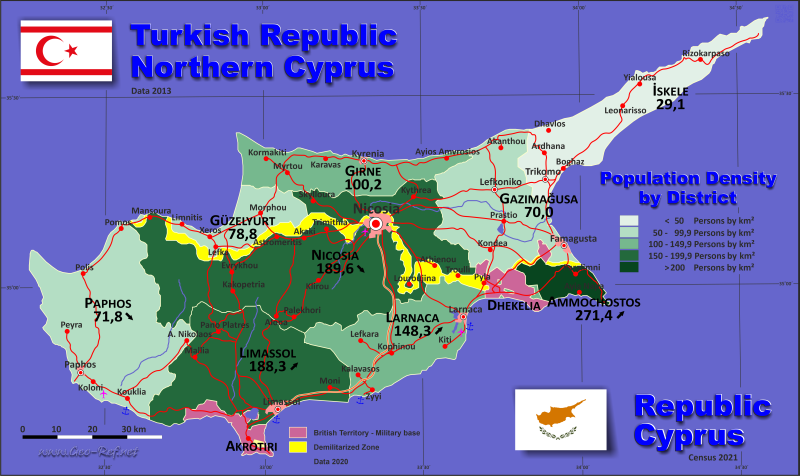 Karte Nordzypern - Verwaltungsstruktur - Bevölkerungsdichte 2013