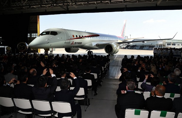 Mitsubishi Regional Jet MRJ moves into the hanger for a ceremony 