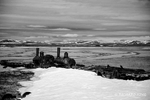 A black & white photograph of the last train to nowhere near Nome, Alaska. Railway Project abandoned in 1907 after the Gold Rush