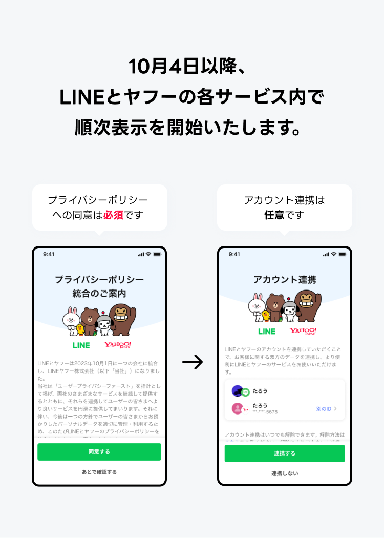 LINEヤフープライバシーポリシーの同意画面は、10月4日以降、LINEとヤフーの各サービス内で順次表示を開始いたします。