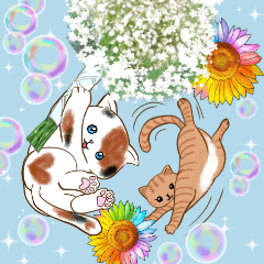 Cute cats and beautiful flowers