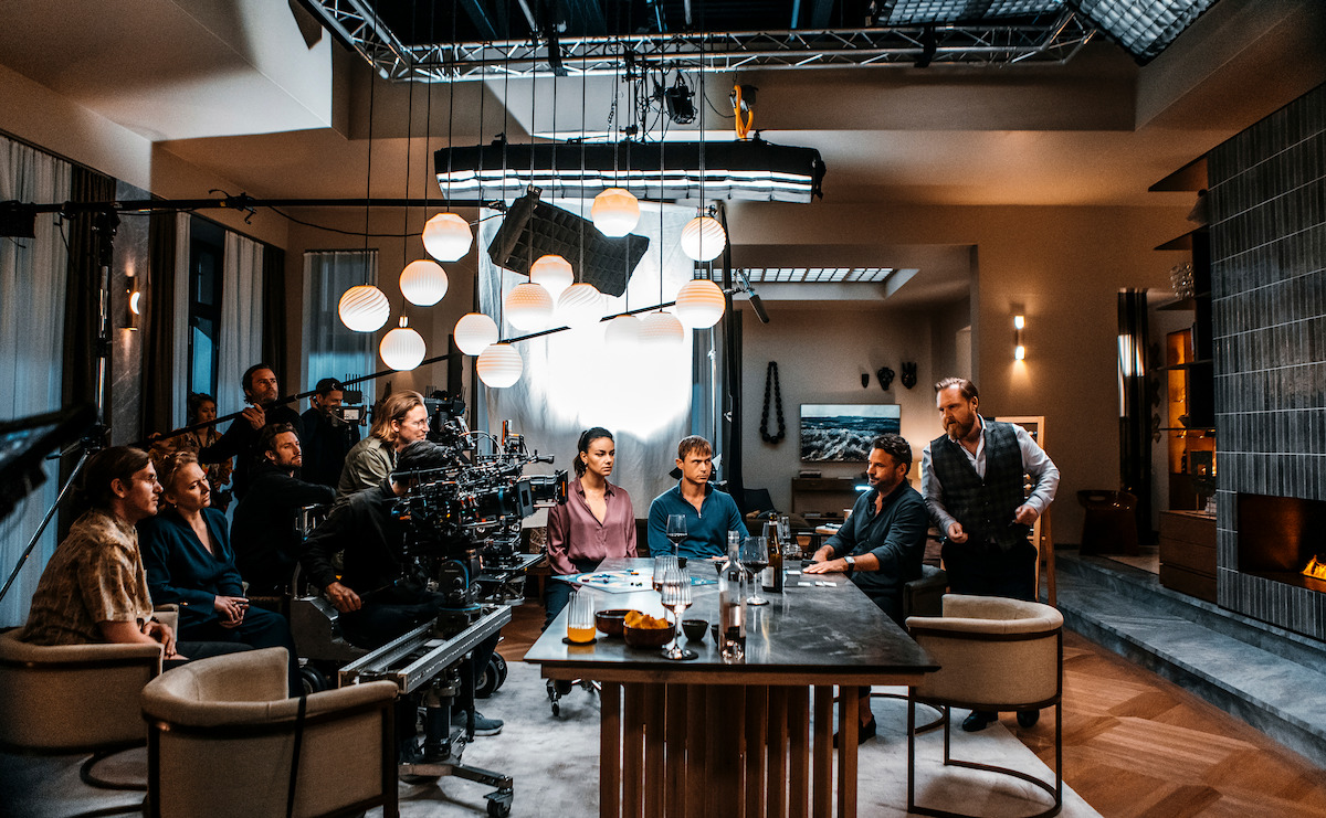 Max Bretschneider, Anna Maria Mühe, Janina Uhse, Dennis Mojen, Stephan Luca, and Axel Stein on the Set of ‘Spieleabend’.