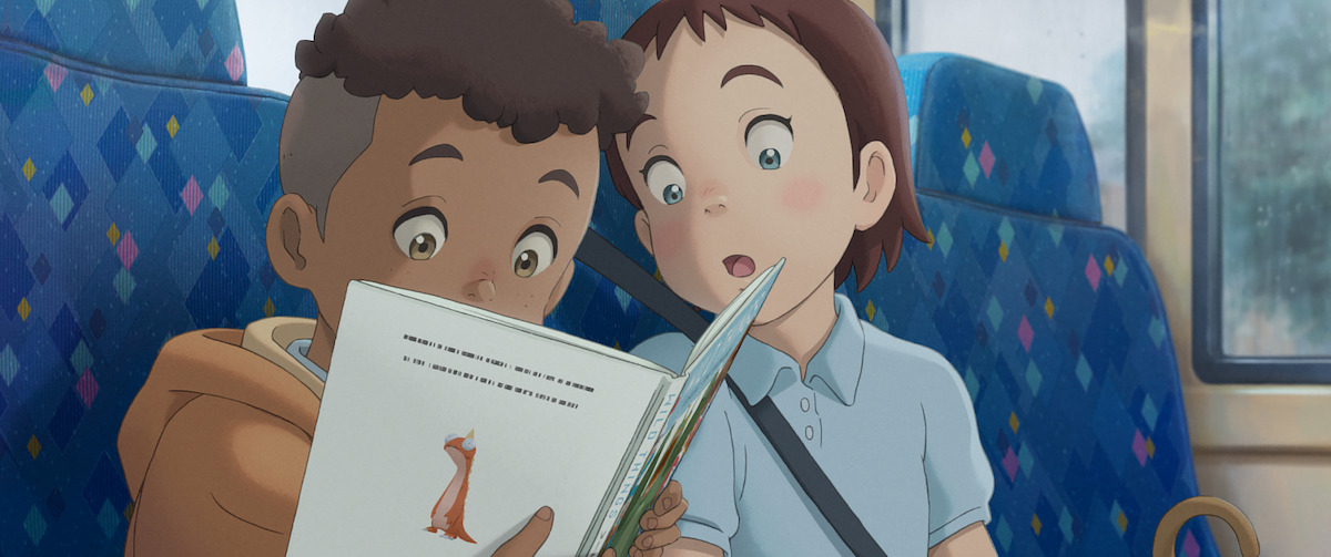 Two animated characters on a train looking at a book.