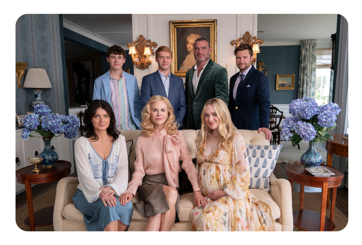 Eve Hewson as Amelia Sacks, Sam Nivola as Will Winbury, Nicole Kidman as Greer Winbury, Billy Howle as Benji Winbury, Liev Schreiber as Tag Winbury, Dakota Fanning as Abby Winbury, Jack Reynor as Thomas Winbury in episode 103 of The Perfect Couple.