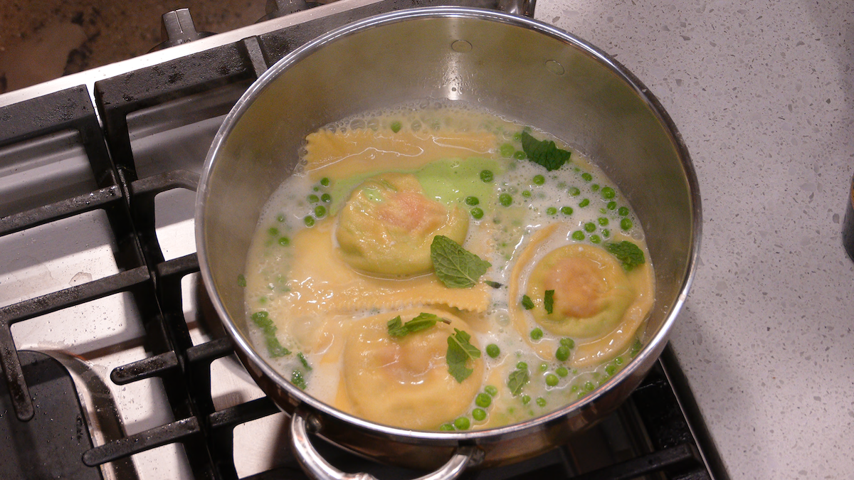 David Chang’s Raviolo with Peas, Ricotta, Mascarpone, and Runny Egg Yolk.