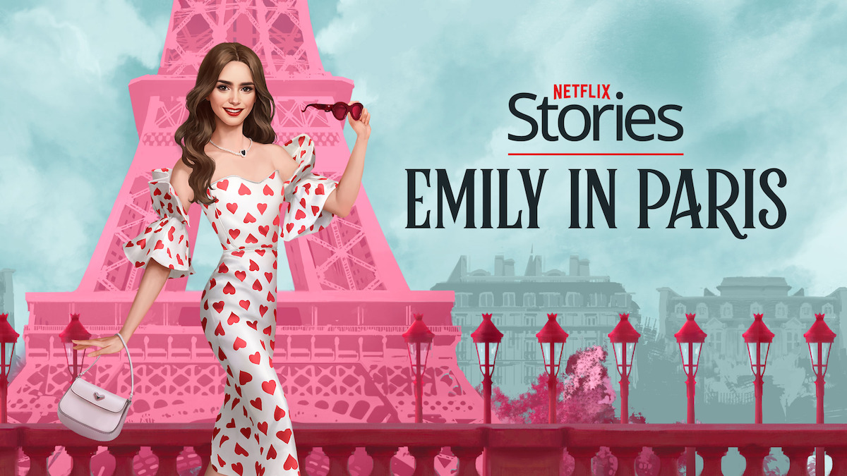 Netflix Stories - Emily in Paris key art – A cartoon Emily stands in front of a pink Eiffel Tower with the words ‘Netflix Stories - Emily in Paris’