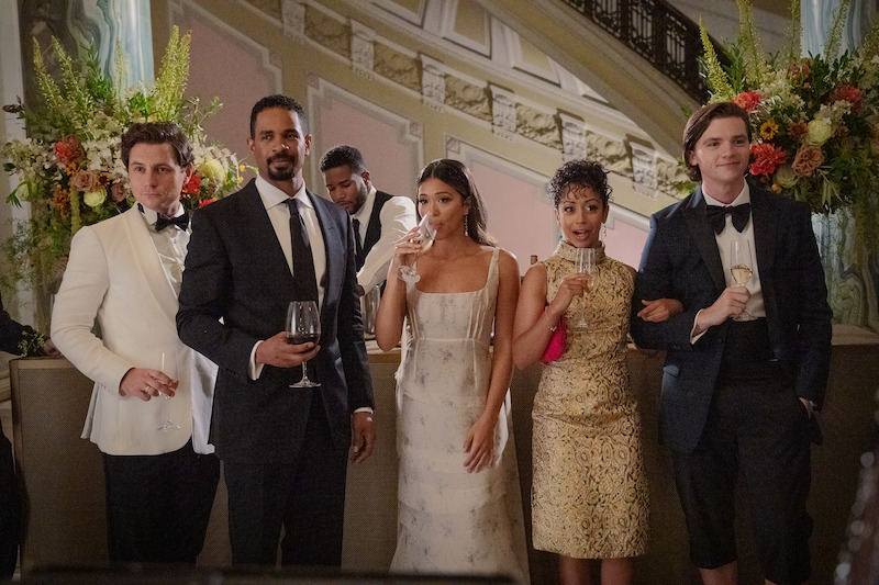 Augustus Prew as Brannagan, Damon Wayans Jr. as Adam, Gina Rodriguez as Mack, Liza Koshy as Ashley, and Joel Courtney as Little in 'Players'