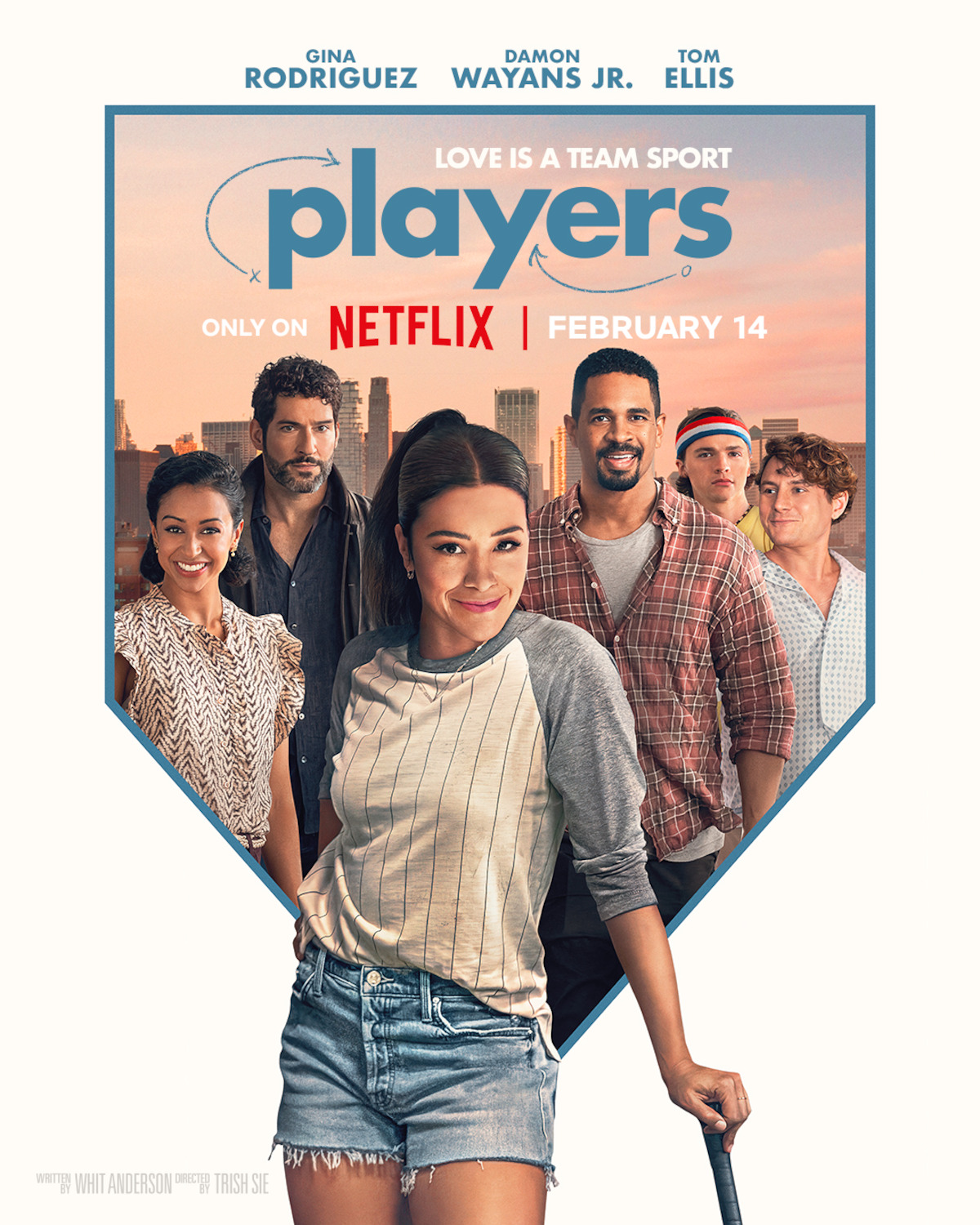 ‘Players’ Key Art - A view of the cast of ‘Players’ standing in front of a city landscape