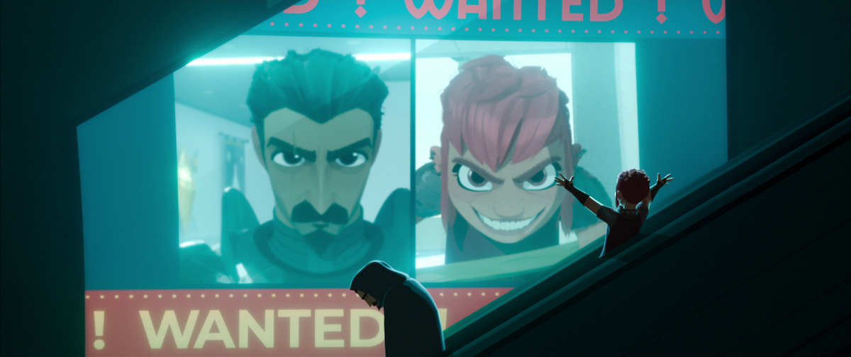 Two figures on a descending escalator see a wanted poster with their faces on it in a still from ‘Nimona’