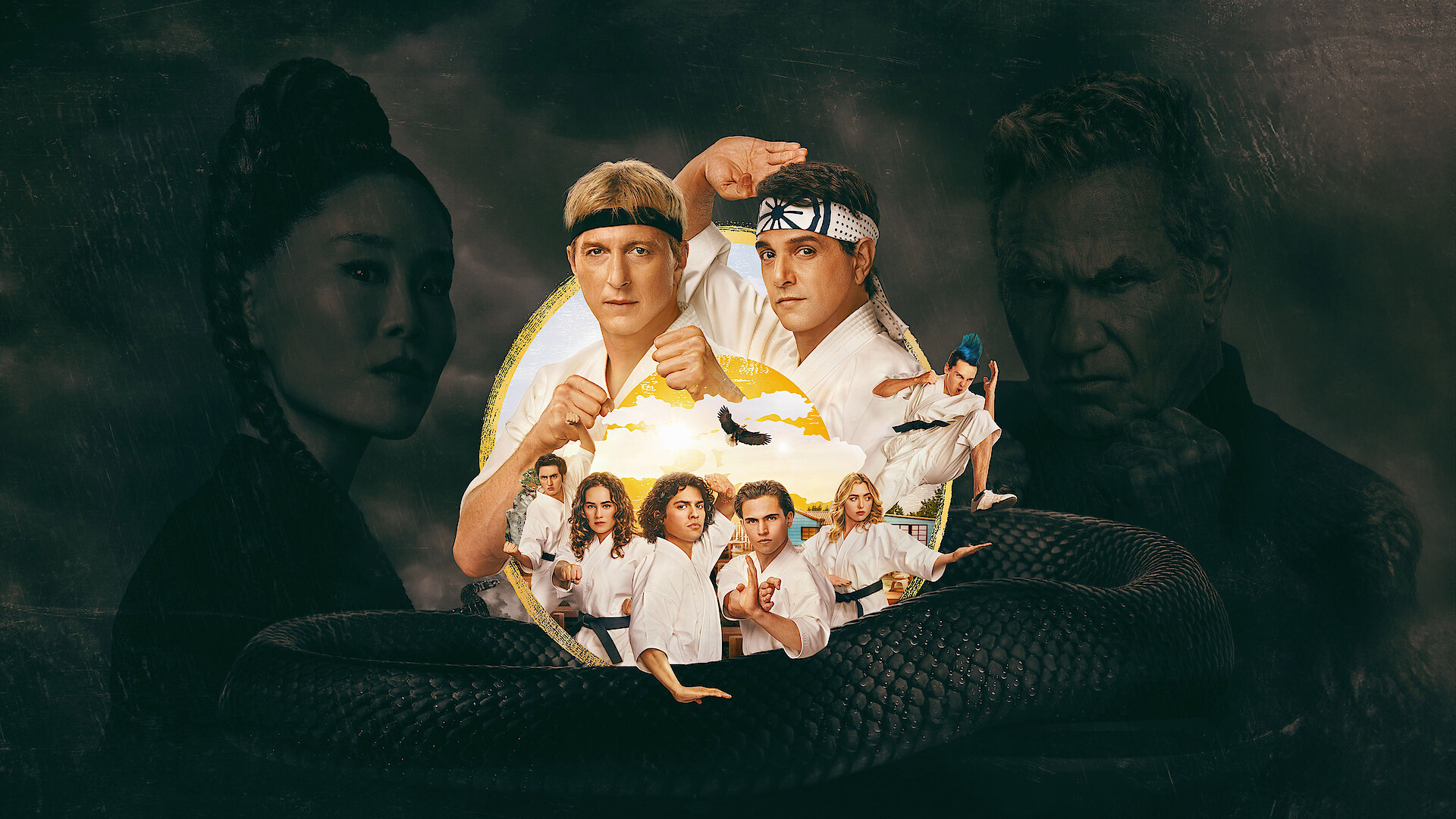 A group shot of the Cobra Kai stars including Ralph Maccio, William Zabka and others