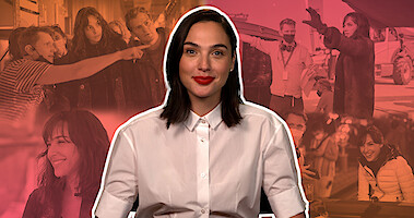 Actress Gal Gadot smiles in front of a collage of BTS images from 'Heart of Stone' film