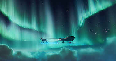 Santa's sleigh flies past the northern lights in 'That Christmas.' 