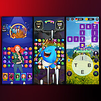 Three clips from Netflix Mobile Games. Left to right: ‘Stranger Things: Puzzle Tales,’ ‘Puzzle Gods,’ and ‘Word Trails’