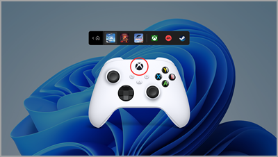 Ovladač Xbox s tlačítkem Nexus zakroužkovaným v horní části plochy Windows 11 s otevřeným panelem ovladače