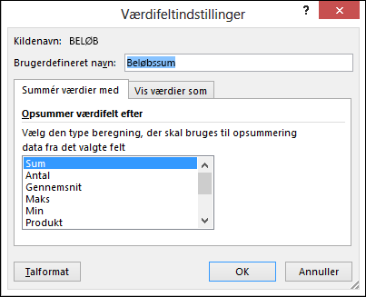 Dialogboksen Værdifeltindstillinger i Excel til indstillingerne Opsummer værdier efter