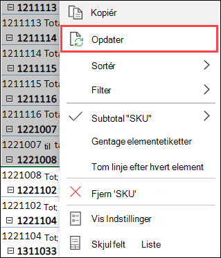 Opdater pivottabel