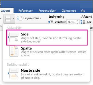 I Layout Skift-menuen er Sideskift fremhævet