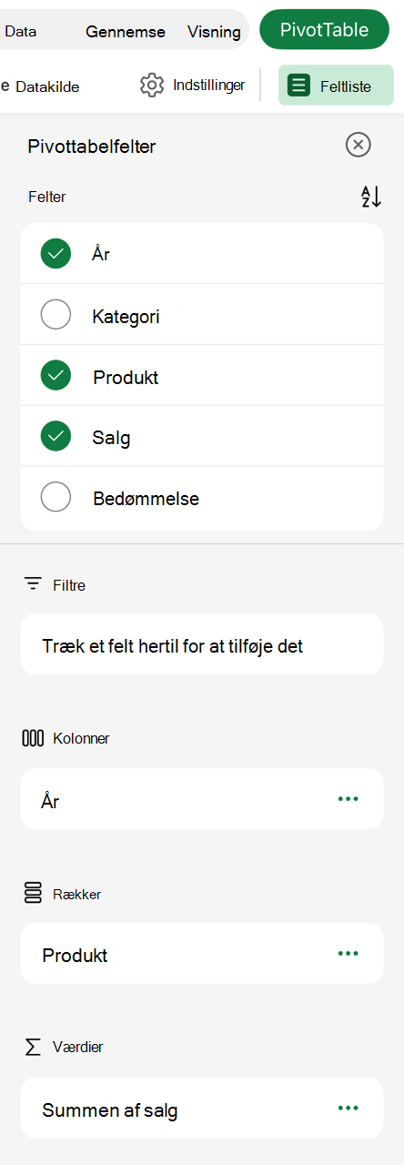 Pivottabel på iPad-feltliste