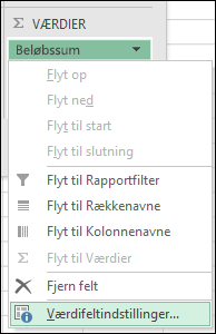 Dialogboksen Værdifeltindstillinger i Excel