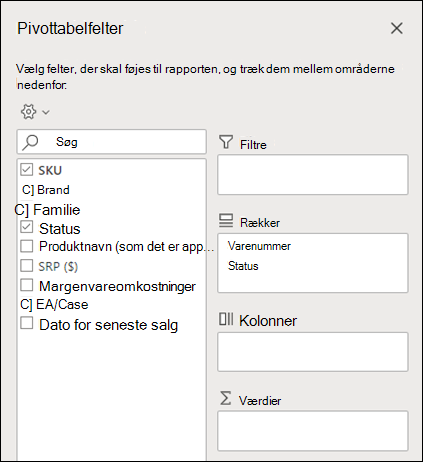 Pivottabelfelter i Excel på internettet